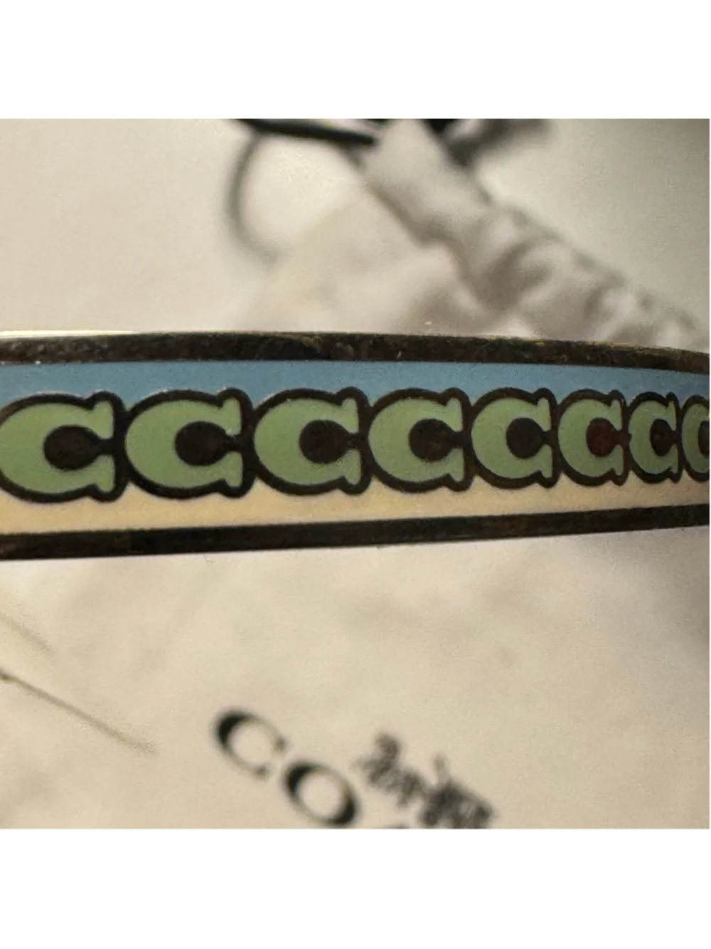 Coach repeating, C logo, gold, blue cream, green hinged enamel bracelet￼
